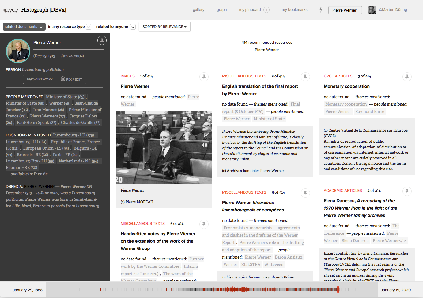 Figure 2: A search for „Pierre Werner“ reveals a short biographical overview with a list of frequently co-occurring entities (left column) and a gallery view of related documents which can be filtered e.g. by resource type and time