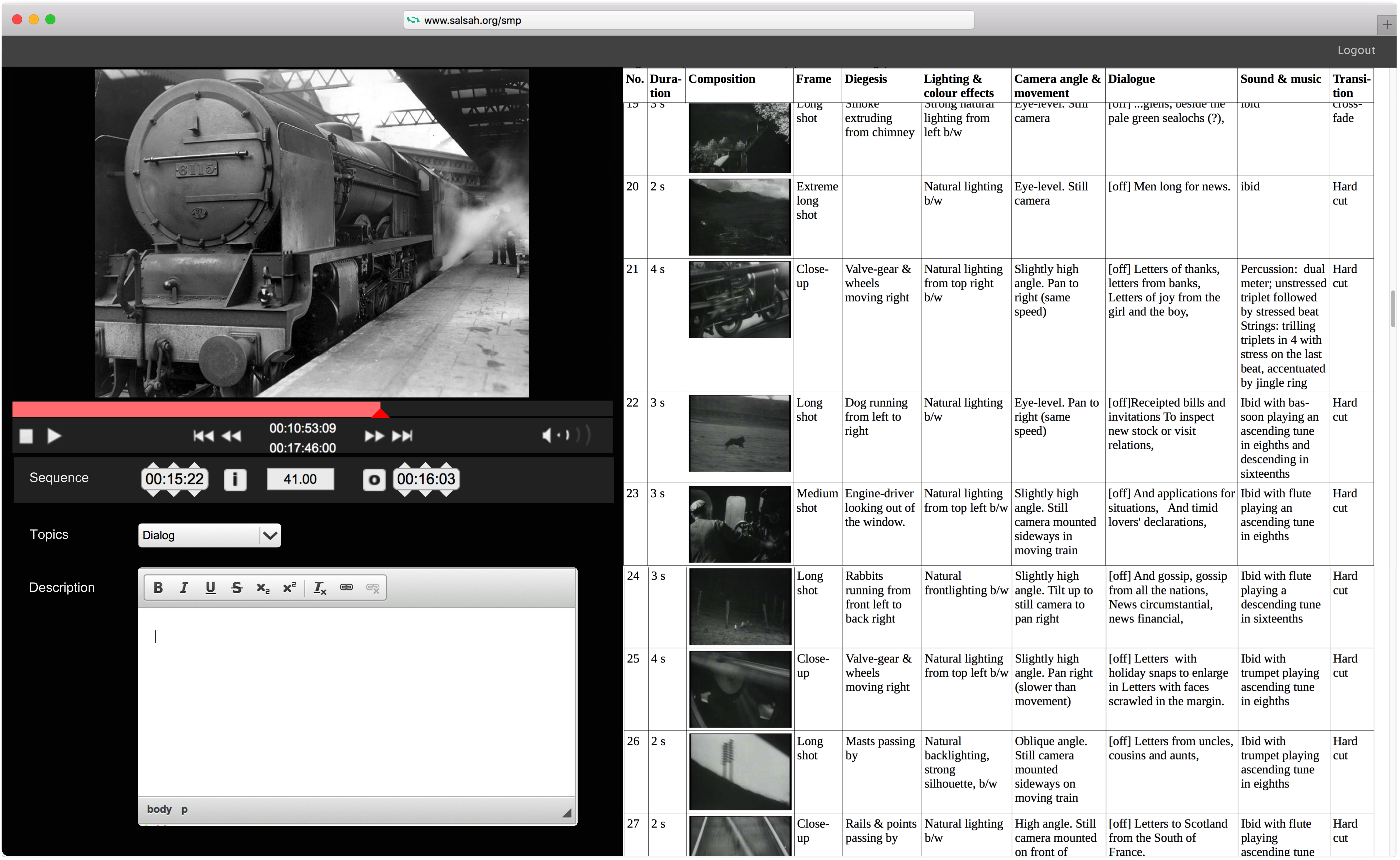 Figure 2: Example of the SALSAH movie player (top left) with the transcription tool (bottom left) and the sequence protocol (right)
