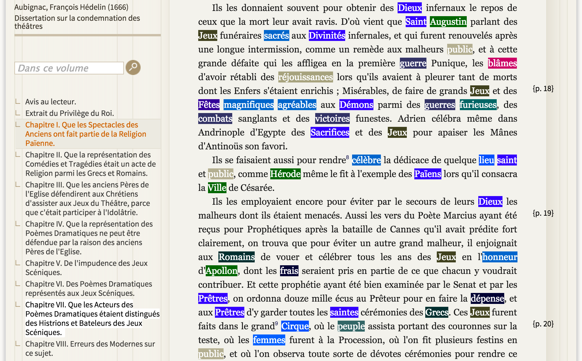 Snapshot of the HTML highlighting of the annotation (François Hédelin d’Aubignac, , 1666, “Chapitre I. Que les Spectacles des Anciens ont fait partie de la Religion Païenne”). The salient words of the religion thematic, very important in this chapter, are highlighted in dark blue (“Dieux”, “Saint”, “Divinités”, “Démons”, “Sacrifices”, “Païens”, “Dieux”, “Prêtres”, etc.)
