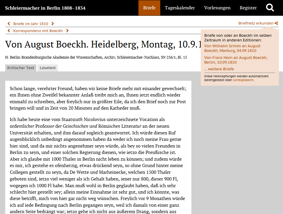Fig 2: Screenshot of the digital scholarly edition “Schleiermacher in Berlin 1808-1834” (published soon), which presents letters to and from the theologian Friedrich Schleiermacher