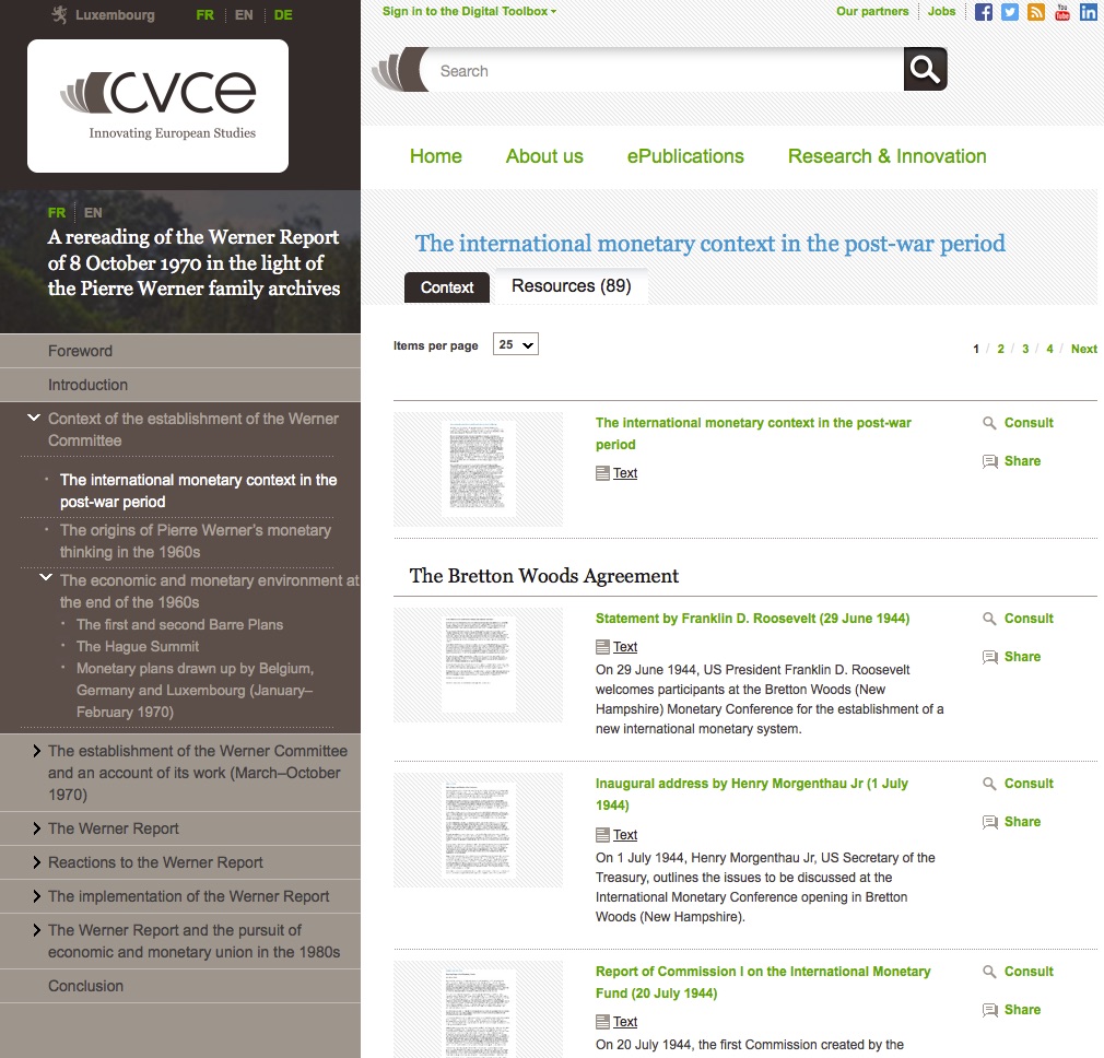 Figure 1: A screenshot from a CVCE ePublication on the Werner report. The navigation on the left shows the hierarchically organized themes, on the right a list of expert-curated documents