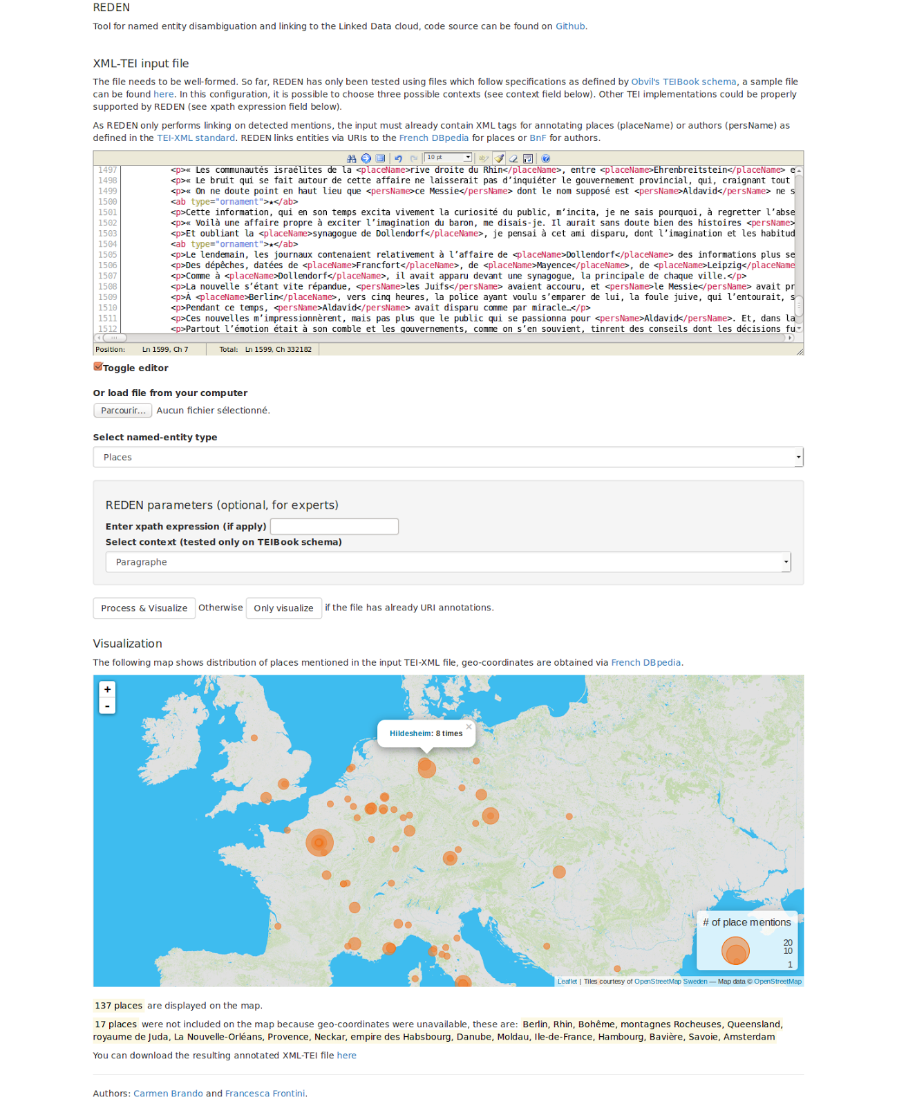 Figure 2 The REDEN ONLINE interface, with a sample text from Apollinaire. Place names results are visible as a map visualization. 