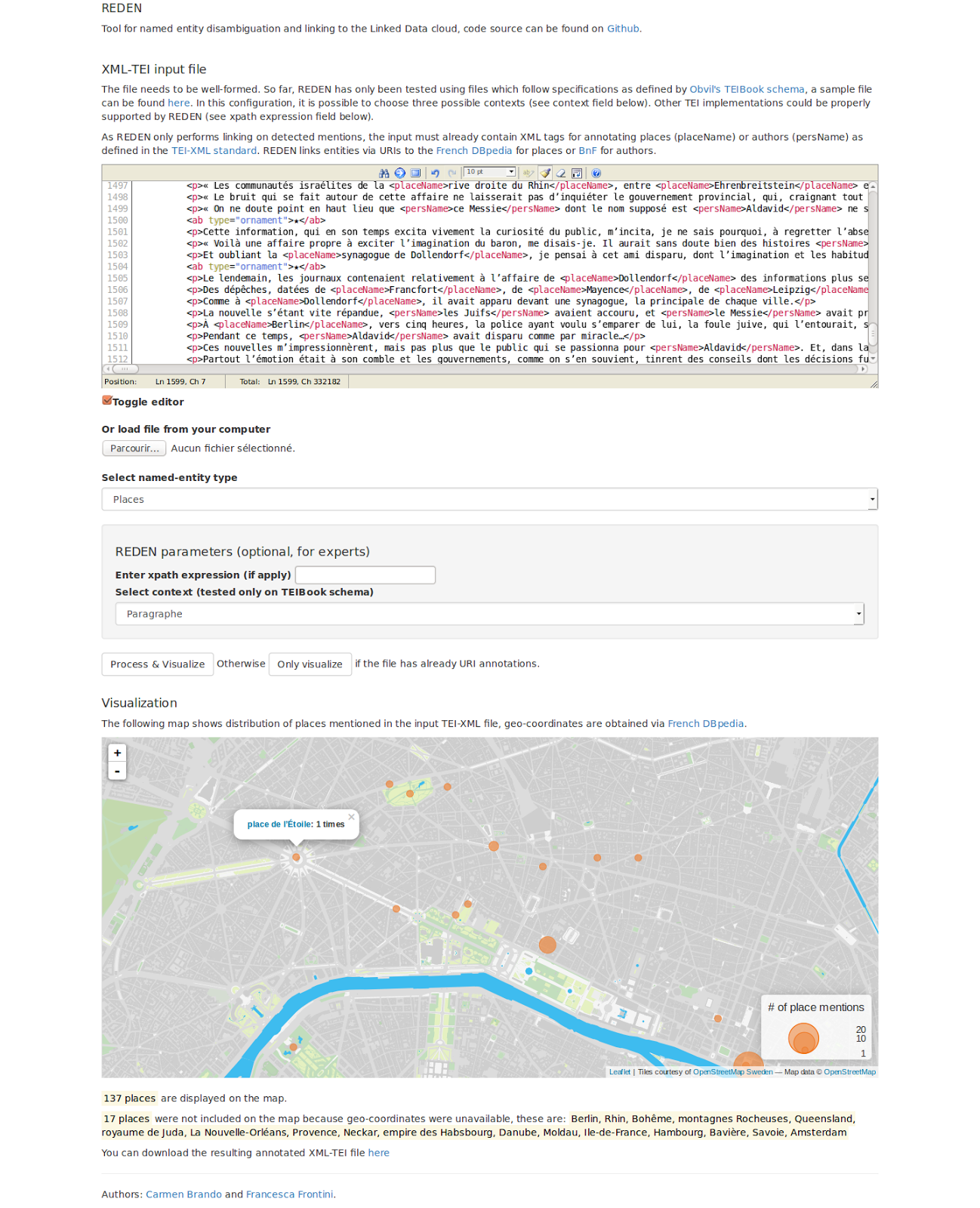 Figure 3 The REDEN ONLINE interface, with a sample text from Apollinaire. Zoom on Paris of place name results.