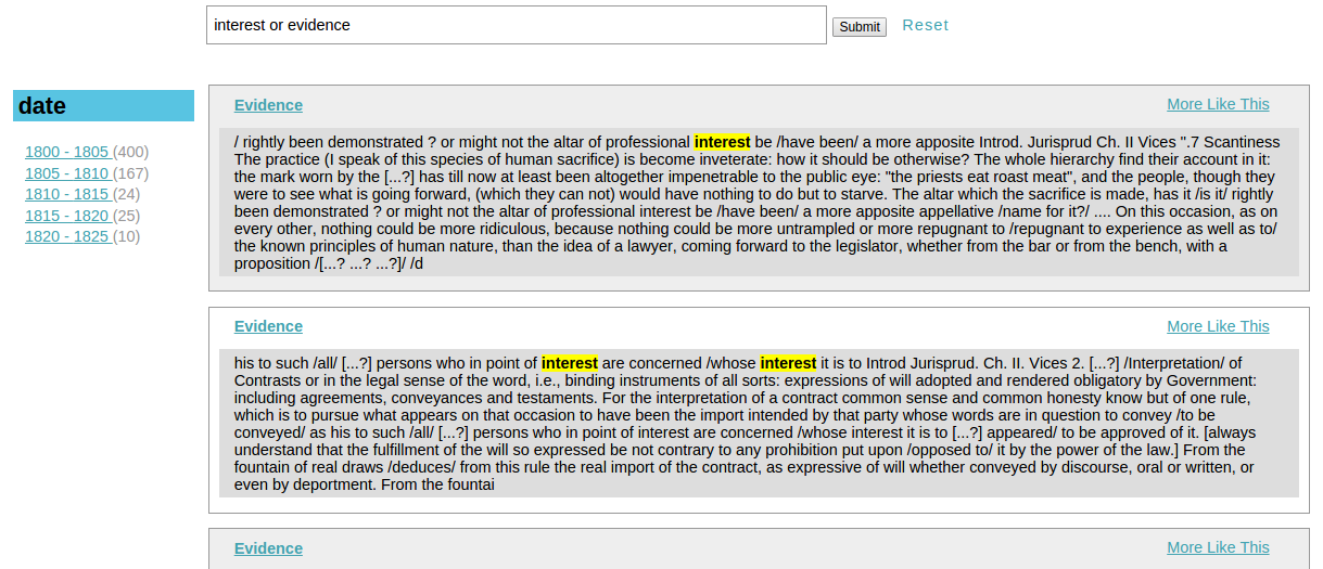 Figure 1: Search interface: users can search via year extracted from the text, which in most cases is the year of writing, allowing users to see texts (especially correspondence) in chronological order.