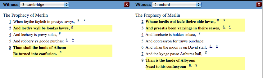 Figure 3: Two versions of the Prophecy of Merlin visualized in Versioning Machine