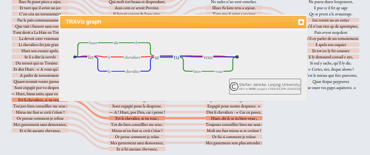 Figure 8: Visualization of an aligned verse line in three versions of a fabliau