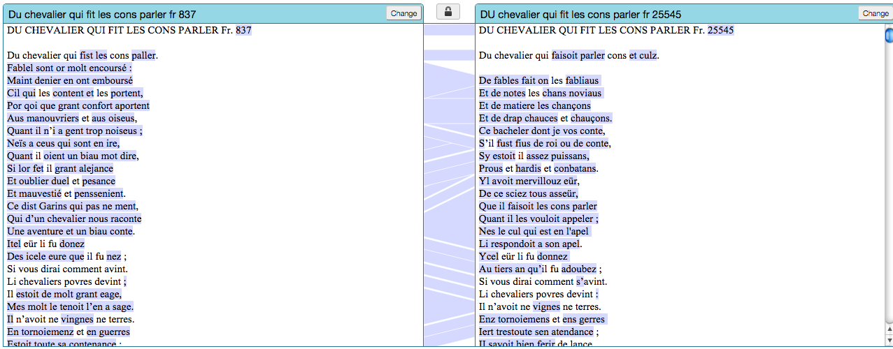 Figure 5: Two versions of a fabliau visualized in JuxtaCommons