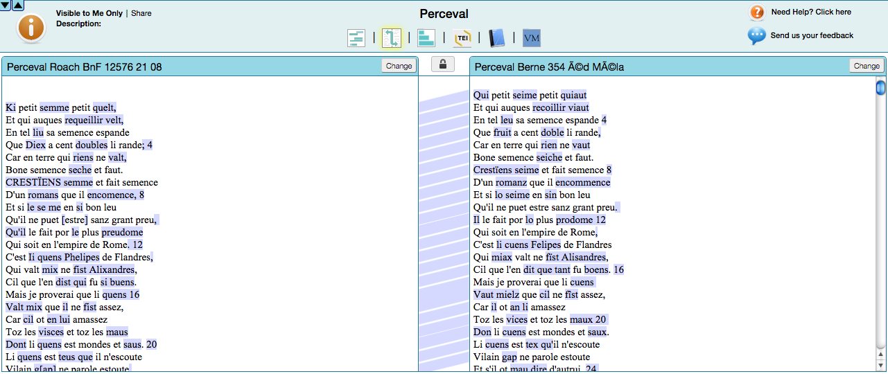 Figure 4: Two editions of Chretien de Troyes’ Perceval visualized in JuxtaCommons