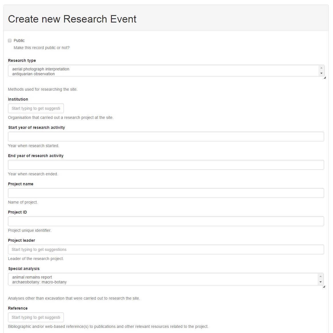 Figure 3. Create new Research Event page