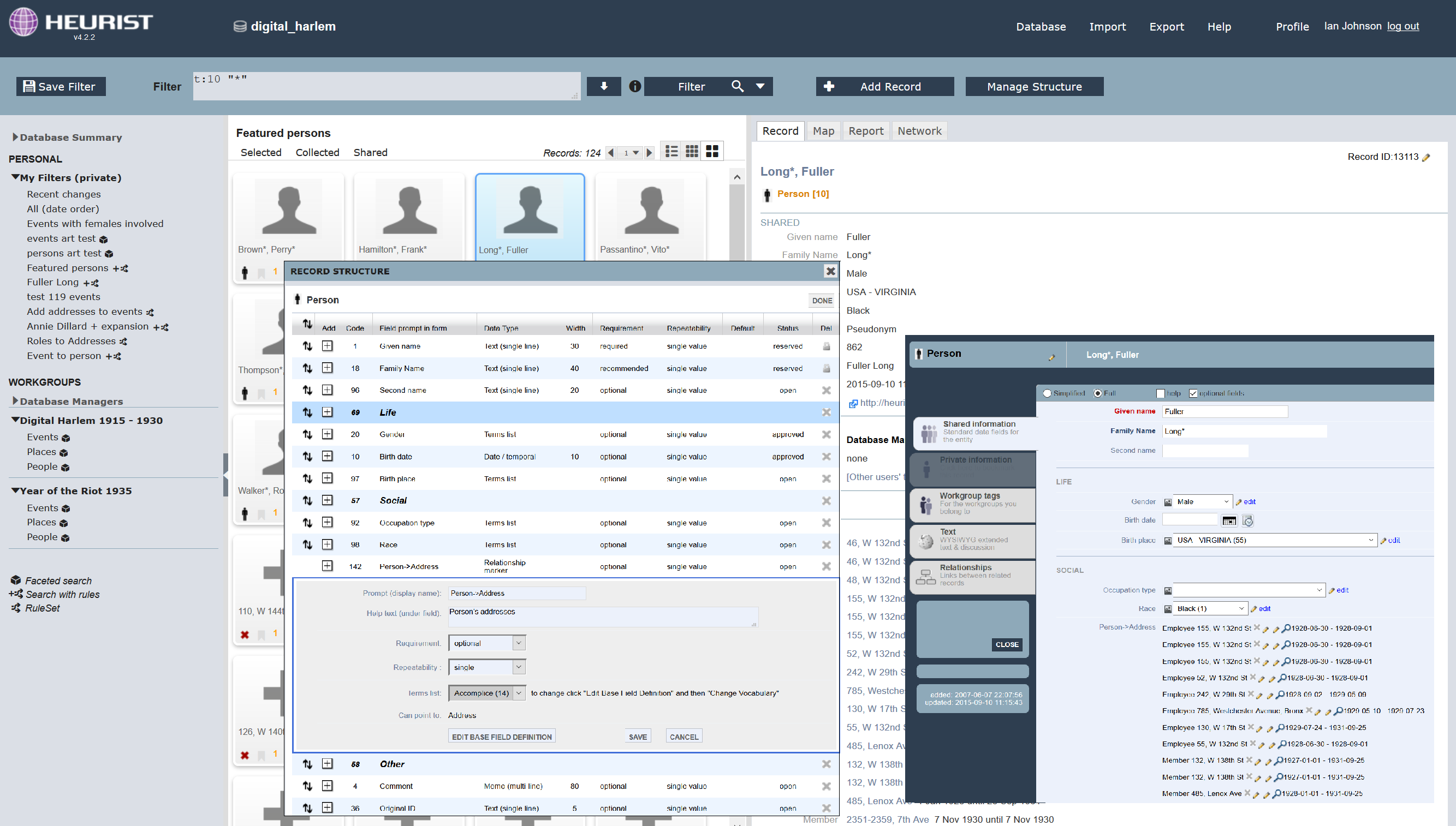 Figure 1. Digital Harlem - the standard Heurist interface (used by the research team)