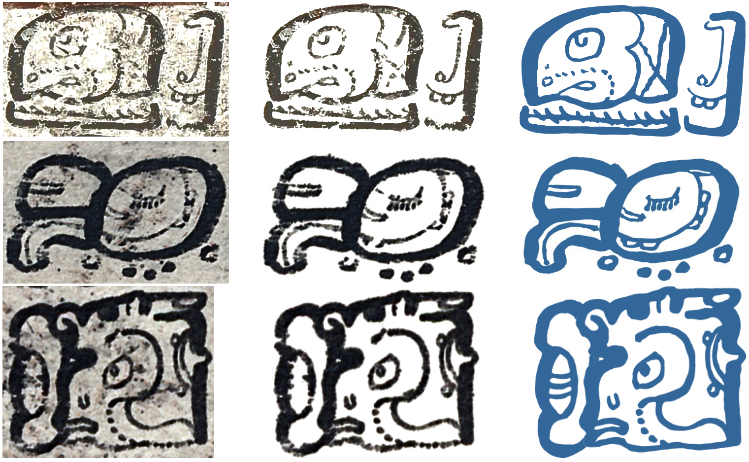 Figure 3. Digitization quality: (left) raw glyph blocks cropped from Dresden codex; (middle) clean raster images produced by removing the background noise; (right) reconstructed high-quality vectorial images.