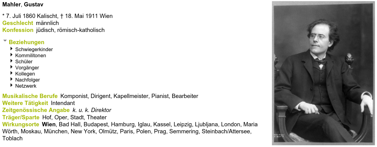 Figure 1: Biographical information about Gustav Mahler in the BMLO