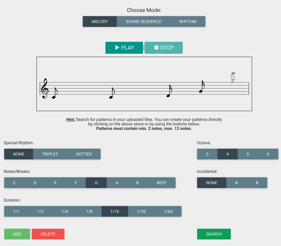 Figure 2: Interface for entering queries to identify tonal, rhythmic, or melodic patterns in a corpus of MusicXML documents.