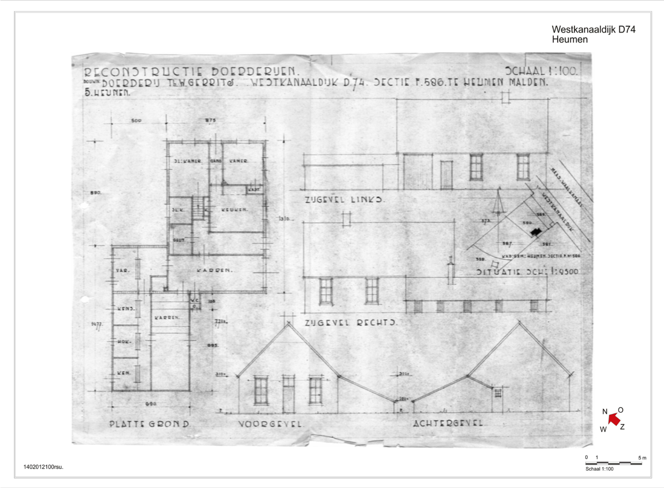 Illustration 1. Image of original architectural drawing Westkanaaldijk D74, showing plan, views and situation plan