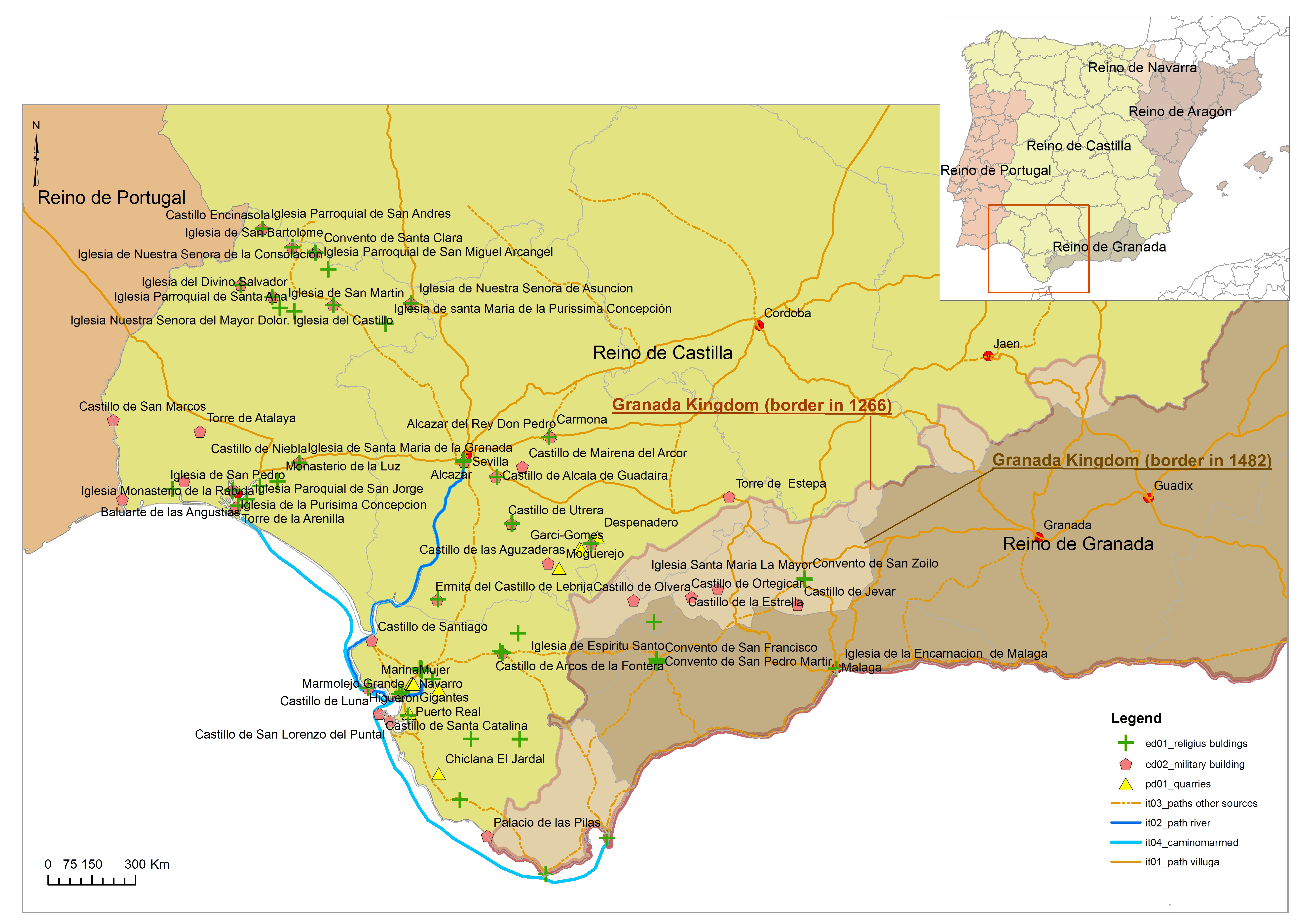 Figure 2: Andalucía's Late Gothic Heritage SDI, more than 100 buildings, 4.000km of paths, administrative and dioceses borders (which has changed through time), 14 quarries, and others entities