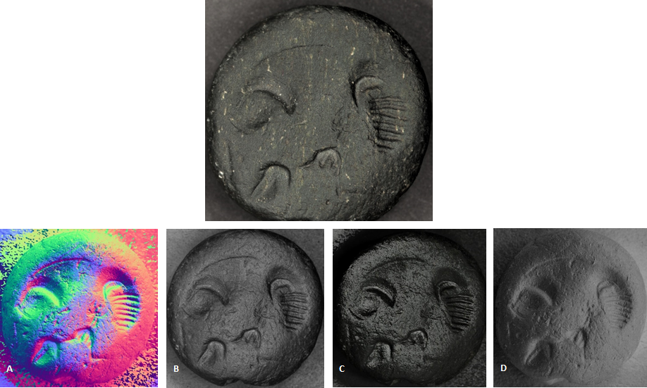 Figure 1: Reflectance Transformation Imaging on a steatite seal from Zominthos, Crete, Greece. Top: Conventional Digital Image. Bottom: Dynamic shading algorithms: A. Normal maps; B. CoefficientA5; C. Specular Enhancement; D. CoefficientA3